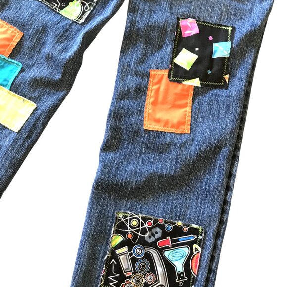 Boy’s Upcycled Patch Jeans, Size 10: Handmade Colorful Science Theme Patchwork - Picture 8 of 11